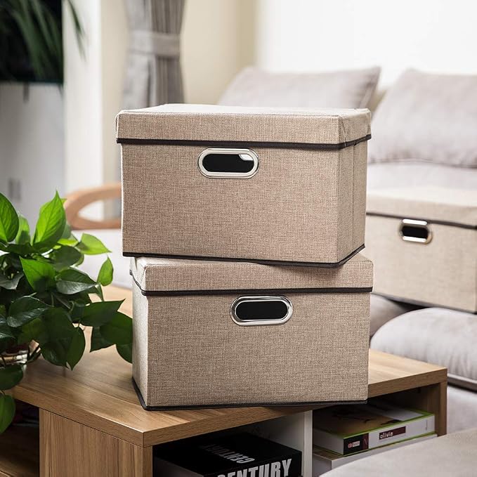 Collapsible Storage Cubes with Lids [1-Pack] Jute Fabric Foldable Storage Boxes Organizer Containers Baskets Bins with Cover for Home Bedroom Closet Office Nursery (14.9x9.8x9.8)