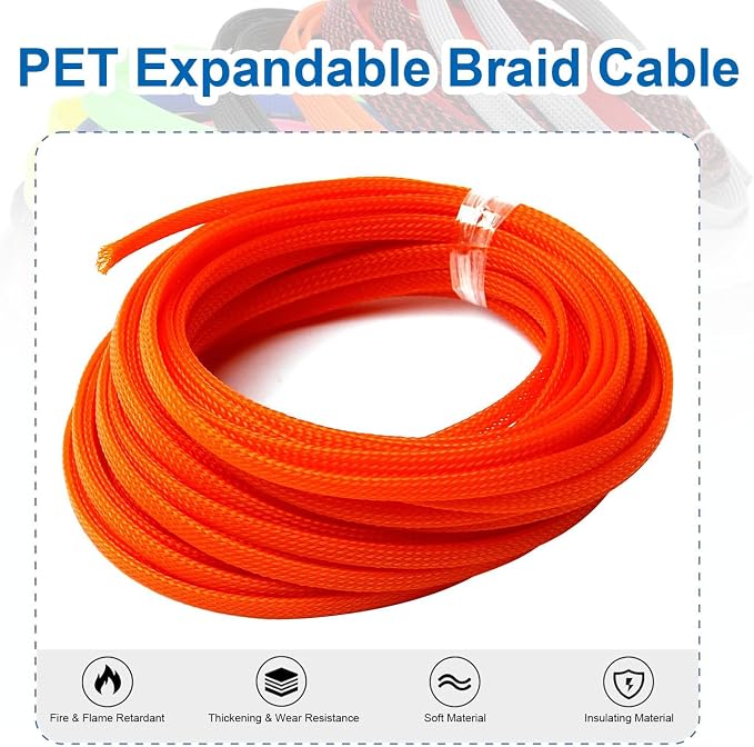 Heyiarbeit 10m/32.8ft PET Expandable Braid Cable Sleeving Flexible Wire Mesh Sleeve Orange 6mm