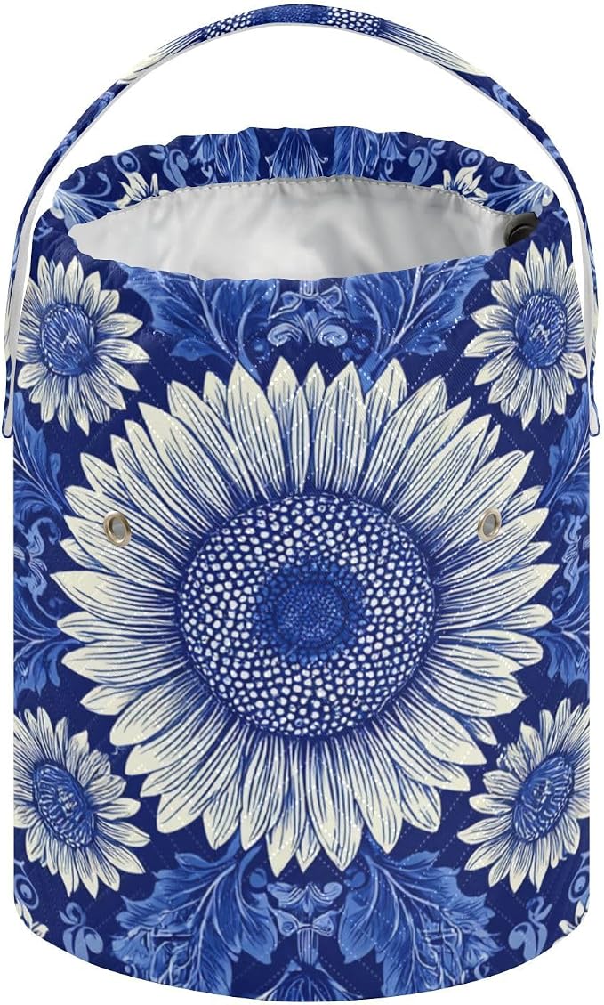 Tatenale Crochet Bag Yarn Bag Knitting Project Bag with Pockets and Handle Portable Yarn Storage Organizer Tangle Free 8.3x11 InchBlue and White Sunflowers Leaves10