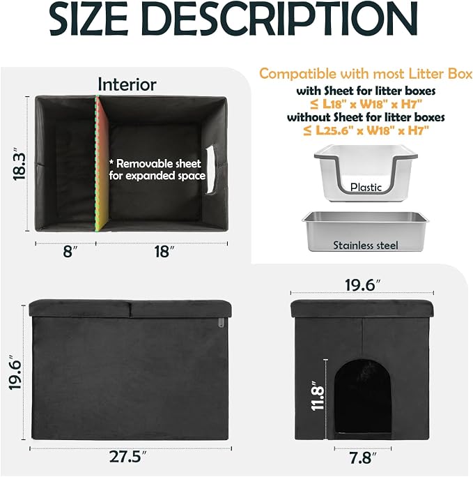 MEEXPAWS Cat Litter Box Enclosure Furniture XL Velvet Lift Design Lid | Large Hidden Cat Washroom Bench Ottoman, Storage Cabinet Dog Proof,Urine Proof, Easy Clean, Quick Assembly,Black
