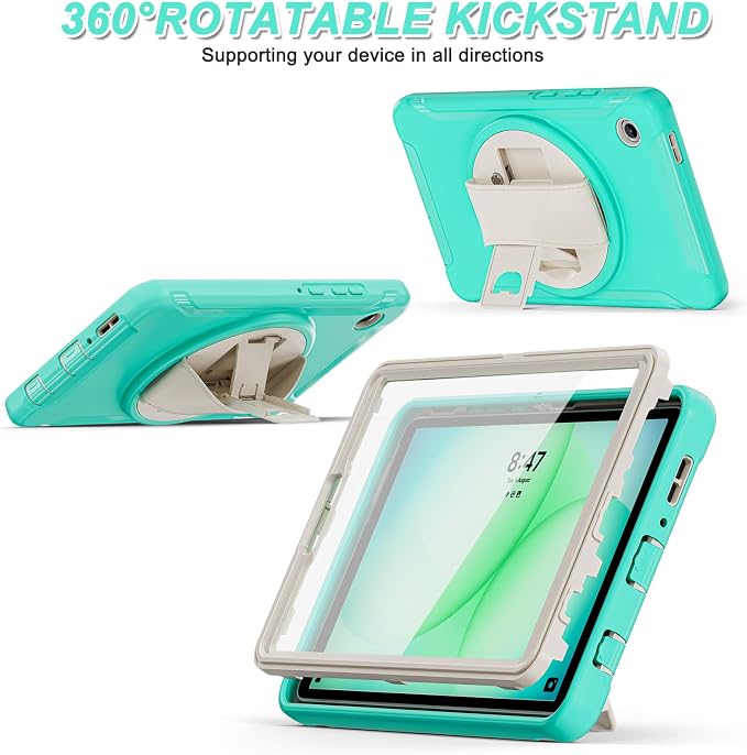 for Samsung Galaxy Tab A11 (2025) 8.7 inch Case 5G with Screen Protector, Hand Strap, Pen Holder & 360° Rotating Stand,Shockproof Protective Cover for SM-X130/X133/X135 (Green B)