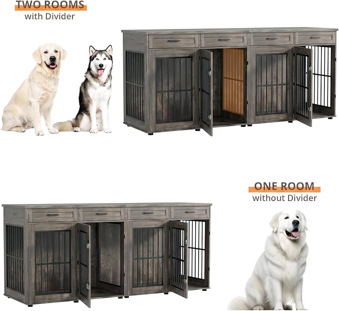 VOWNER 87" Dog Crate Furniture for 2 Dogs, Double Dog Cage Furniture, Grey | Extra Large Wooden Dog Kennel with 4 Drawer, Removable Divider, Furniture-Style TV Stand, XXL Dog Crate for Large Medium Dogs