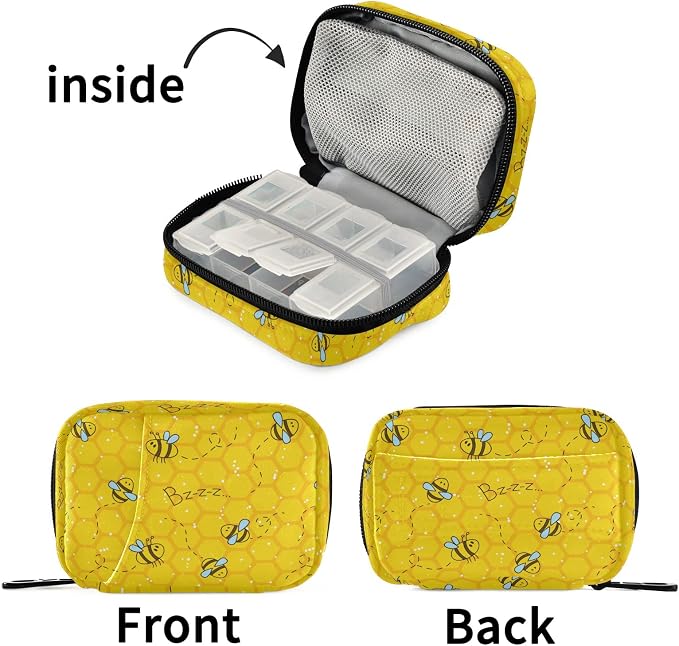 Pill Case 7 Day Pill Organizer Bees Honeycombs Travel Pill Case Portable Weekly Pill Box Bag Container Vitamin Supplement Holder with Zipper for Family Business