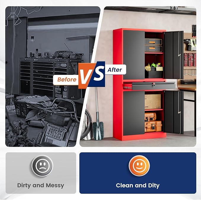 Metal Garage Storage Cabinet with Locking Doors and Adjustable Shelves,- 71" Tool Storage Cabinet with 1 Drawer for Garage,Office,Warehouse