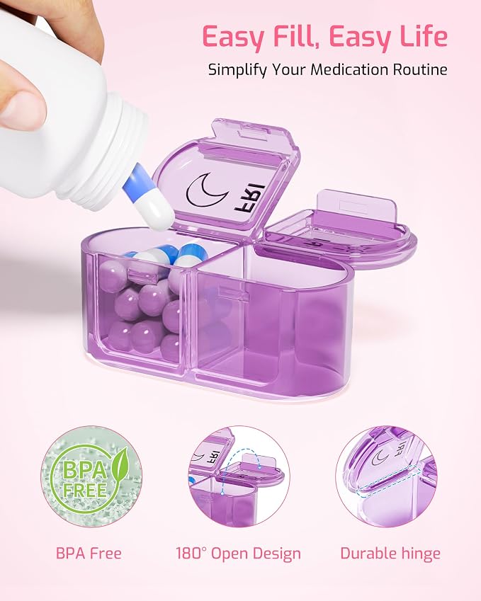 Daviky Pill Organizer 2 Times a Day, AM PM Pill Organizer Box Weekly 7 Day | Portable Travel Pill Organizer, Cute & Compact, Easy-Open Large Compartments, Reusable for Pills, Vitamins & Supplements