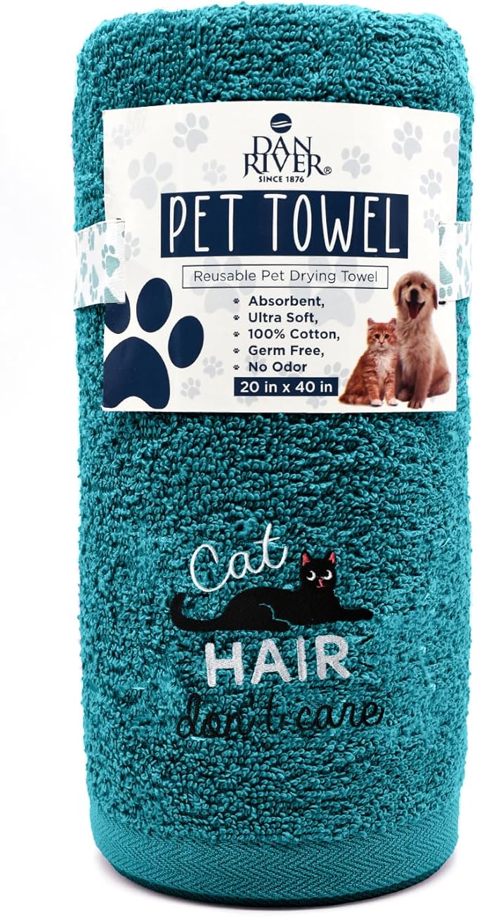 DAN RIVER Dog Towel - Pack of 1, 100% Cotton, 20x40, Ultra Soft 450 GSM, Super Absorbent & Quick Drying Towel for Dogs, Cats, and Other Pets, Teal.