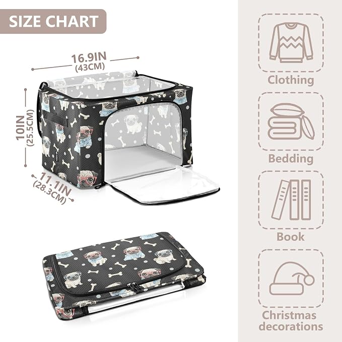 Cute Pets Pugs Black print Under Bed Storage Containers with Double Zipper Openings, Foldable Clothes Storage Bins with Clear Window and Handles for Blankets Bedding Comforters