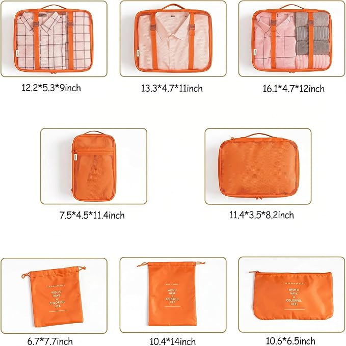LANSKLBD 6/8 Set Packing Cubes for Suitcases Travel Luggage Packing Organizers,Travel Accessories Essentials Luggage Organizer with Shoe/Tioletry/Laundry Bag (Orange, 8 set)