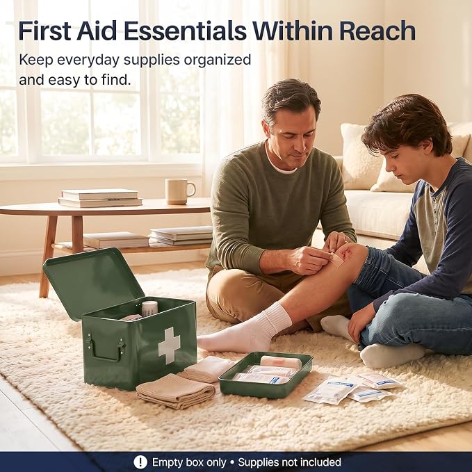 Flexzion Large Metal First Aid Box Empty, 13-Inch, Green with White Cross | Vintage Medicine Box and First Aid Storage Organizer with Removable Tray and Dividers; Empty Box Only, Supplies Not Included