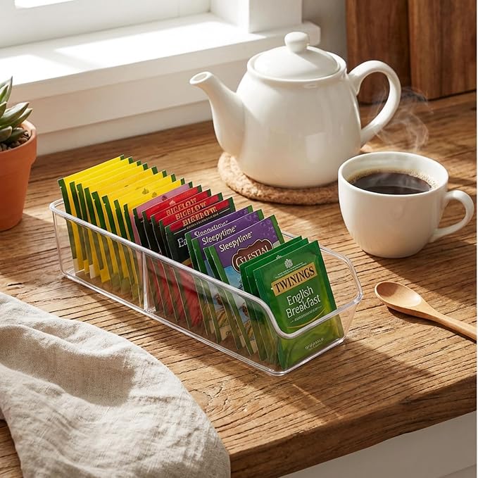 Tea Bag Organizer, Tea Bag Holder, Clear Plastic Tea Organizer for Cabinet, 2 Compartment Storage for Tea, Coffee, Sugar, Seasoning Packets, Fridge, Tabletop, Kitchen Countertop