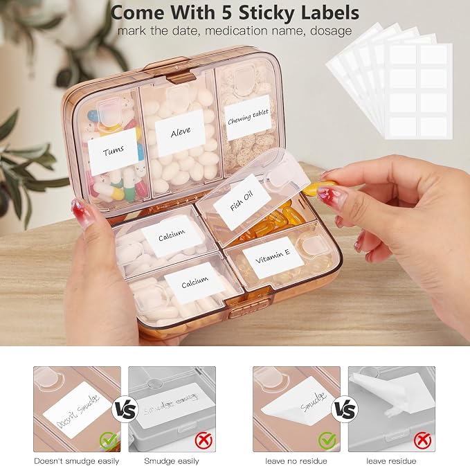 FYY Travel Pill Organizer, Large Weekly Medicine Pill Organizer-Brown | Airtight Moistureproof Medicine Case, Easy to Use, 8 Compartment Pill Box for Vitamins, Fish Oil, Supplements, Mini First Aid