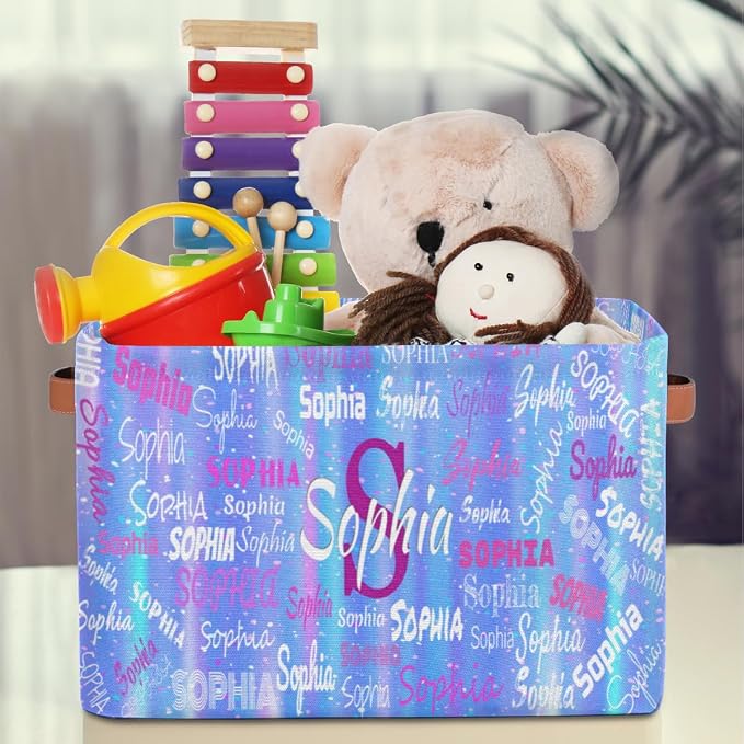 Personalized Storage Basket with Name, Rectangle Toys Storage Bin with Handles for Baby, Boys, Girls, Collapsible Basket for Clothes, Books, Romantic Gradient Blue
