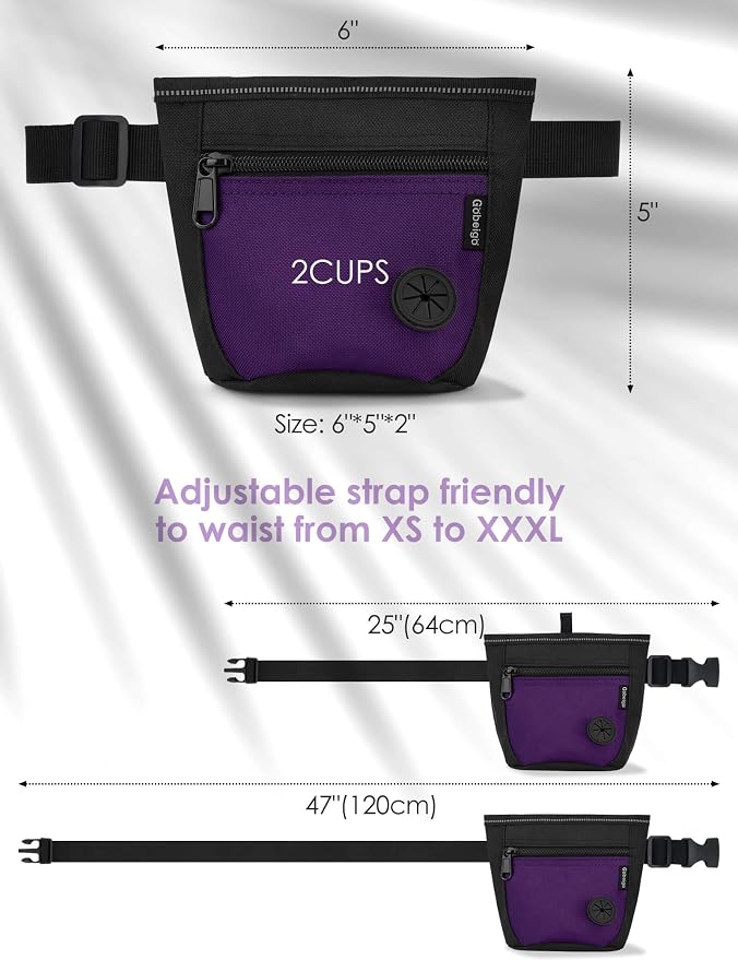 2 Cup Dog Treat Pouch with Training Clicker(Black/Purple) | 2 Pair Magnetic Closures, Zipper Pocket with Poop Bag Holder, Waist Belt & Metal Clip to Wear for Pet Training/Daily Walking