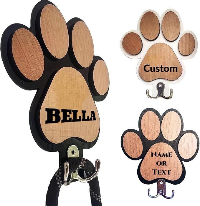 Custom Wood Dog Leash Holder, Personalized Cat Themed Key Holder and Dog Stuff Organizer, Wall Mount Pet Leash Holder with Double Hooks, Customized Names (Custom)