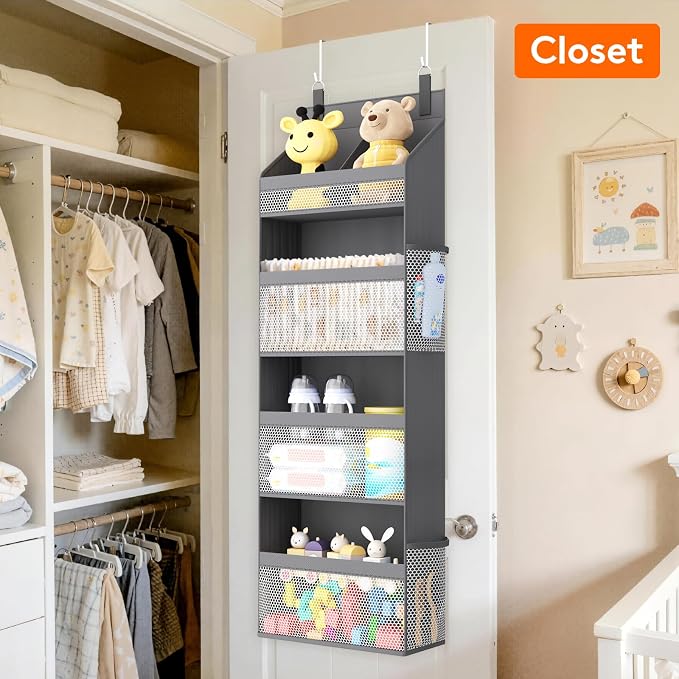 Lifewit 4 Tier Over the Door Organizer, Diaper Hanging Storage, Gray | Nursery Sturdy Large Heavy Duty Back of Door Shelf with 4 Mesh Side Pockets, for Baby Stuff Toy in Pantry, Laundry, Bathroom