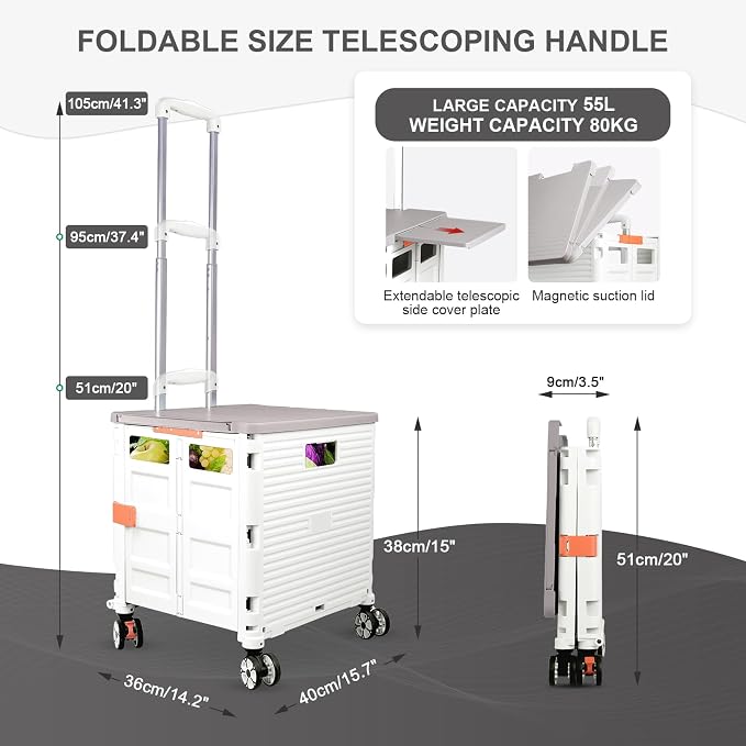 FELICON SELORSS Folding Utility Cart Portable Rolling Crate Handcart-White | Magnetic Sliding Lid,Telescoping Handle,Plastic Box Dolly,360°Swivel Wheels for Travel Shop Move Laundry Office Teacher Use