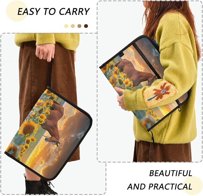 13 Pocket Zipper Expanding File Folder A4 Sunflower Horse | Accordion File Organizer with Front Pouch A4 Letter Size Portable Folders for Documents Receipt School Office Supplies