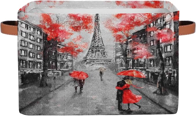 Pardick Eiffel Tower Storage Basket Bins Paris France Flower Toys Books Clothes Canvas Storage Box Cubes Rectangular Collapsible with Handles for Bedroom Nursery Home Office Decor Organizer Basket