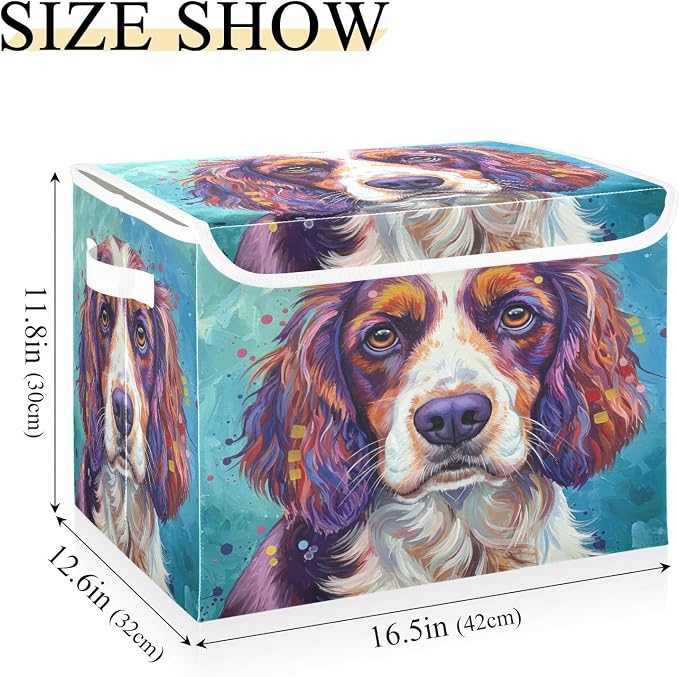 Pet Animal Painting Storage Bins with Lids Closet Bedroom 40L Fabric Bin | Decorative Storage Boxes, Foldable & Stackable, Dust-Proof Flip Top, Reinforced Handles, For Home & Dorm, Clothes & Toy Box