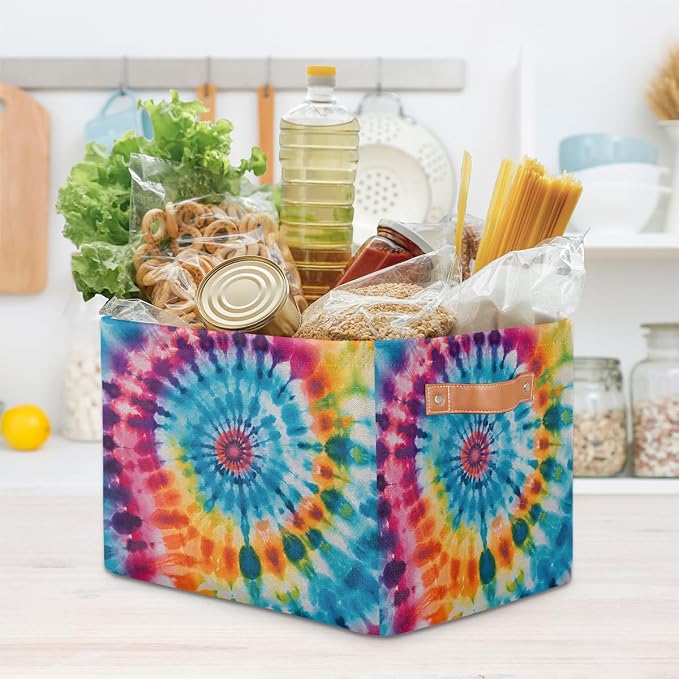 AUUXVA Storage Basket Abstract Swirl Tie Dye Pattern Storage Cube Box Durable Canvas Collapsible Toy Basket Organizer Bin with Handles for Shelf Closet Bedroom Home Office