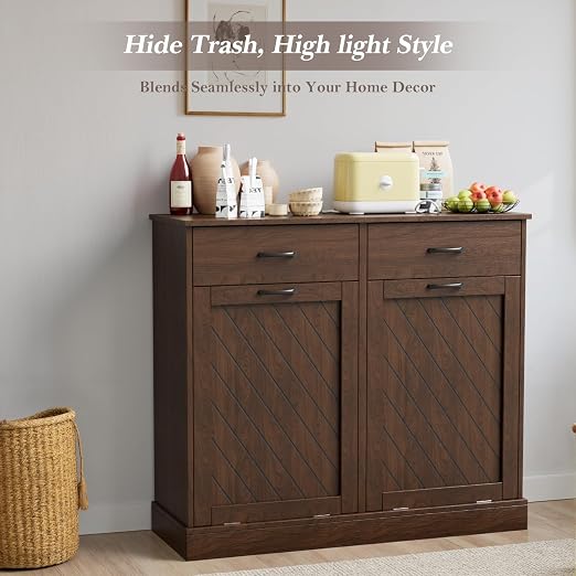njnj 26 Gallons Double Tilt Out Trash Can Cabinet, 2x13 Gallons Hidden Kitchen Trash Cabinet with Storage Drawers, Pet Proof Hidden Garbage Can for Kitchen, Laundry Room, Bathroom Wood Brown