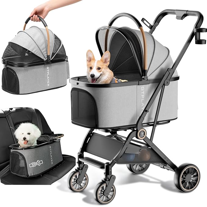 GTPLAYER Pet Stroller for Small Dogs and Cats, One-Click Foldable, Detachable Carrier, Breathable Mesh, 45 lbs Capacity, 2 Safety Leashes, Storage Basket & Cup Holder, Light Gray