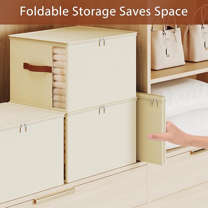 Large Clothes Storage Bins with Sturdy Frame, Foldable Clothing Organizer Box, Sweater Storage Cube with Lids and Zipper, Fabric Bedding Storage Bags for Blankets, Seasonal Clothes, Comforter