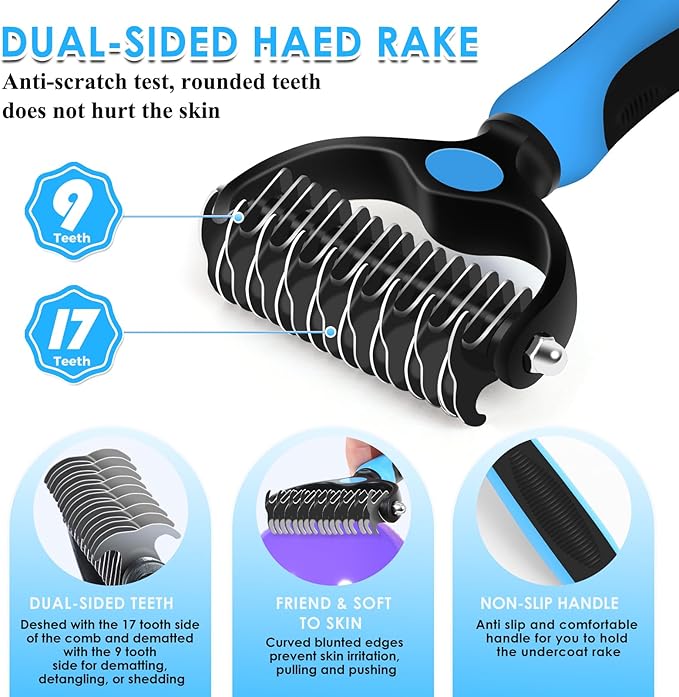 Large Dog Slicker Brush for Goldendoodles, Poodles - 3 in 1 Grooming Kit with Undercoat Rake, Comb - Extra Long Pins for Dematting Great Pyrenees, Thick Coats, Shedding, Detangling, Blue