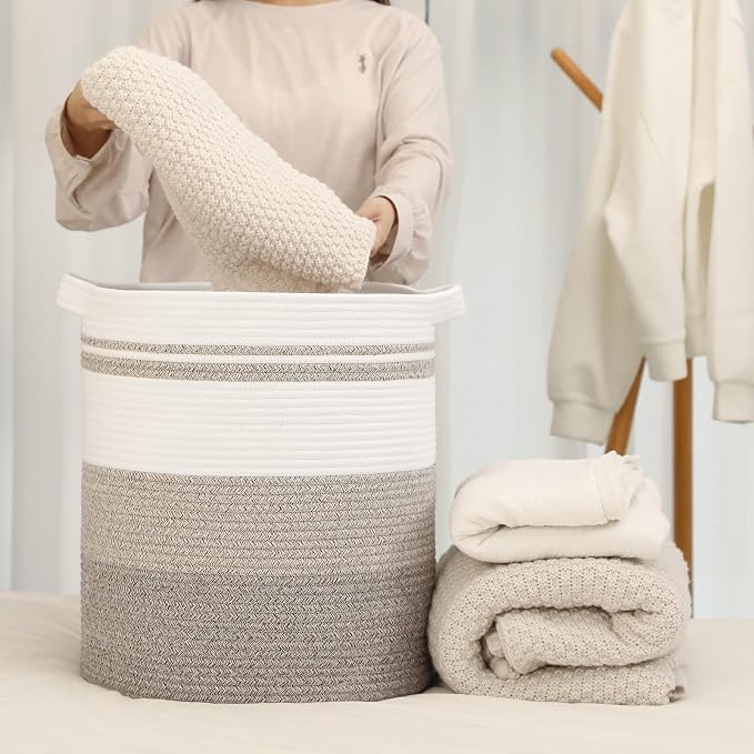 OIAHOMY 58L Laundry Baskets-Laundry Hamper, Storage Basket with Handles, Decorative Basket for Living room, Woven Storage Basket for Toys Bin, Pillows, Blankets, Clothes-18x16in-Gradient Brown | Tall Dirty Clothes Hamper with Handle,Blanket Basket,Deco...