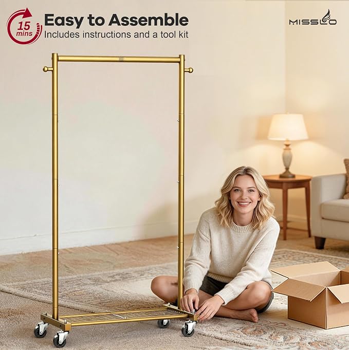 MISSLO Heavy Duty Clothes Racks for Hanging Clothes 25mm Metal Gold Clothing Rack with Shelves for Storage Rolling Garment Rack with Wheels for Bedroom, Laundry, Gold, 28" x 15.5" x 60"