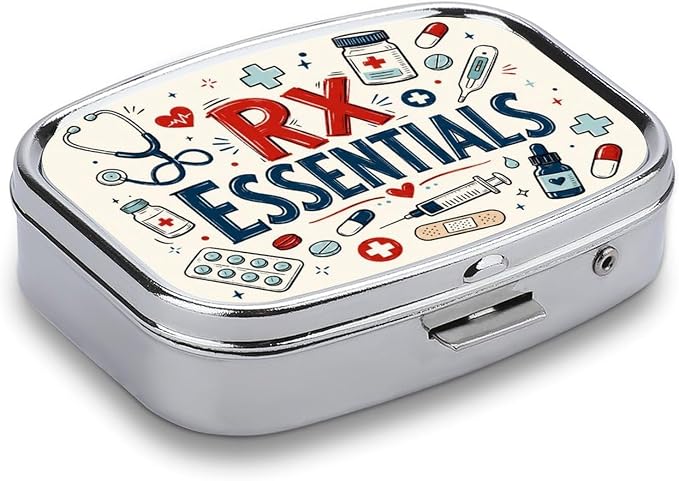 Healthcare Essentials Doodle Collage Two Compartment Pill Box Medicine Organizer, Portable Pill Case with Secure Snap Closure for Vitamins Medication Supplements Daily Use