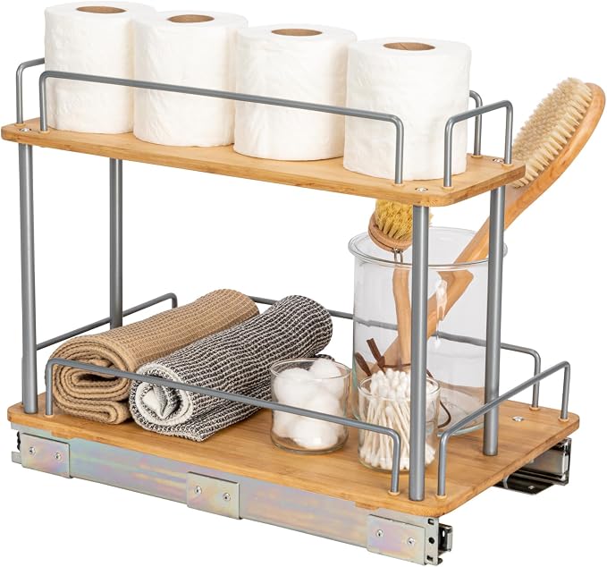 Household Essentials Bamboo and Silver Iron Two-Tier Slide-Out Organizer