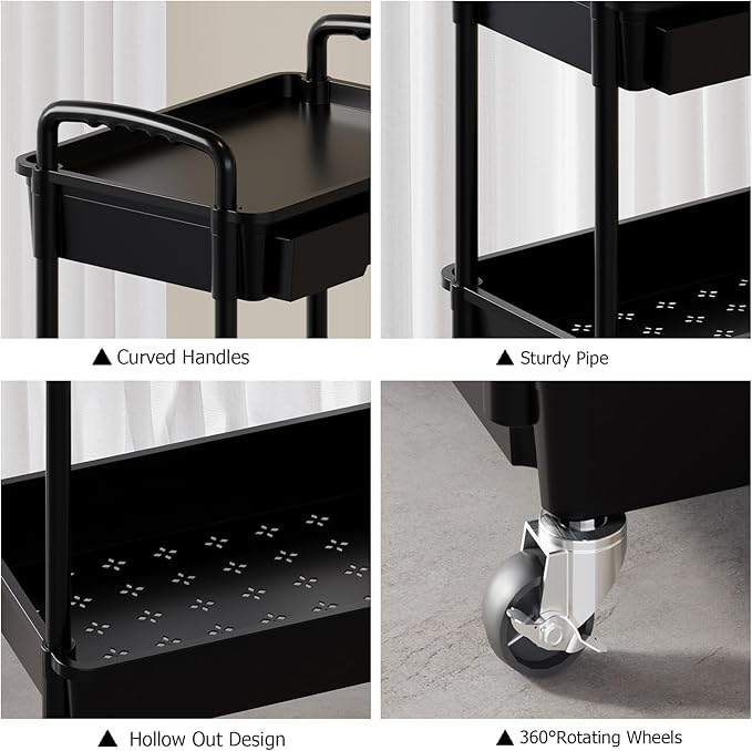 3 Tier Rolling Utility Cart with Drawer, Plastic Storage Organizer Rolling Carts with Wheels Handles Hanging Cups Hooks for Office, Bathroom, Kitchen,Craft Art Room (Black)