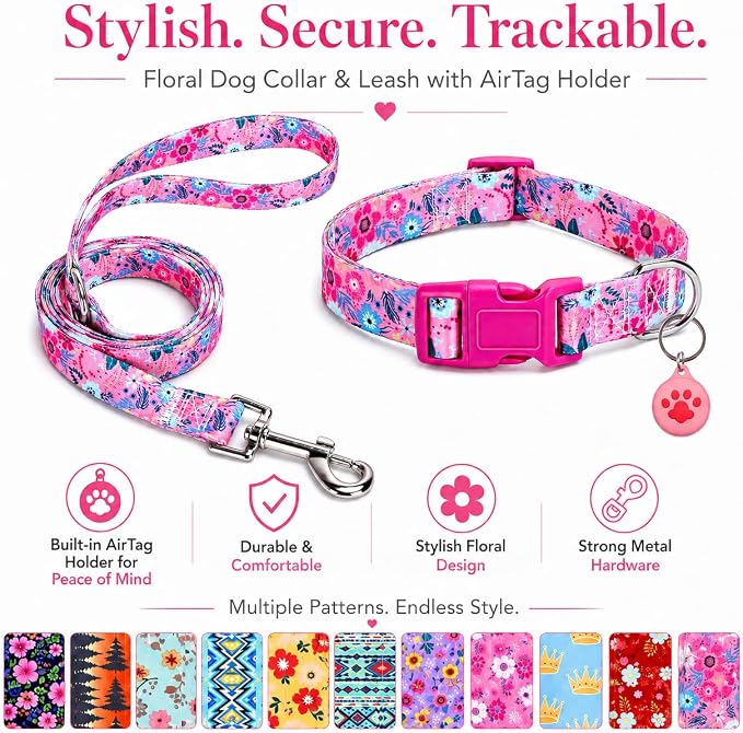 Floral Matching Dog Collar and Leash Set with AirTag Holder-Rose Daisy/XS | Anti-Lost,Adjustable Durable Pet Collar Leash Combo for Puppy X-Small Boy Girl Dogs,Outdoor Walking Hiking Training Running