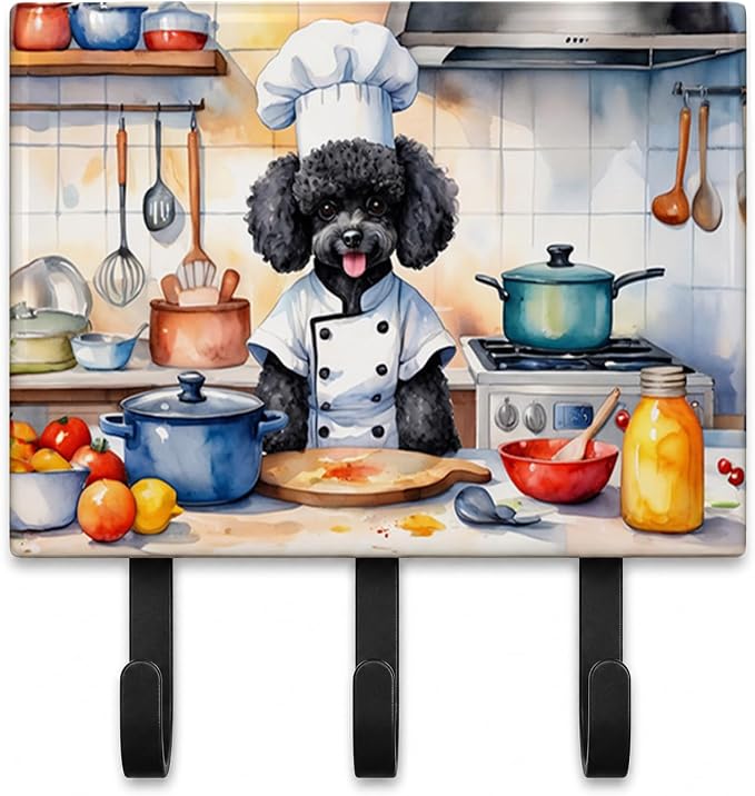 Caroline's Treasures Black Poodle The Chef Leash or Key Holder Wall Hooks, Key Hooks Holder, Coat Rack Wall Mount, Coat Hooks, Hooks for Hanging Keys, Towels, Aprons, Leashes | Black Poodle The Chef artwork on ceramic tile with three steel hooks for ke...