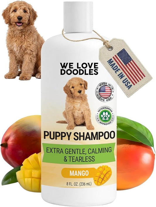 Puppy Shampoo & Conditioner | Made in USA | Tear Free | Best Shampoo for Puppies | Sensitive & Itchy Skin Wash | Oatmeal Bathing | Tearless, Mango, 8oz [We Love Doodles]
