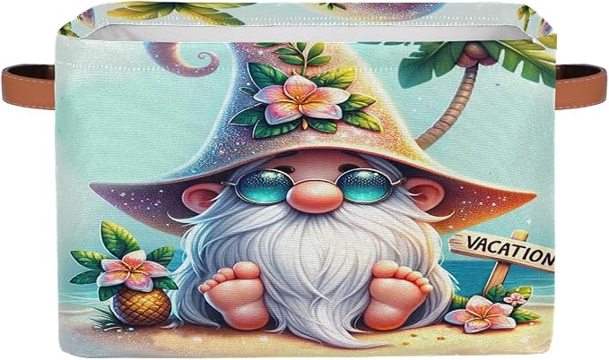 Pardick Summer Gnome Cute Basket Storage Bins Large Fabric Toys Storage Cube Box with Handles Collapsible Closet Shelf Cloth Organizer Basket for Nursery Bedroom Bathroom Holiday Gift