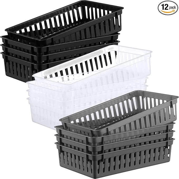 Wenqik Set of 12 Small Plastic Baskets for Organizing, Black,Gray,Clear