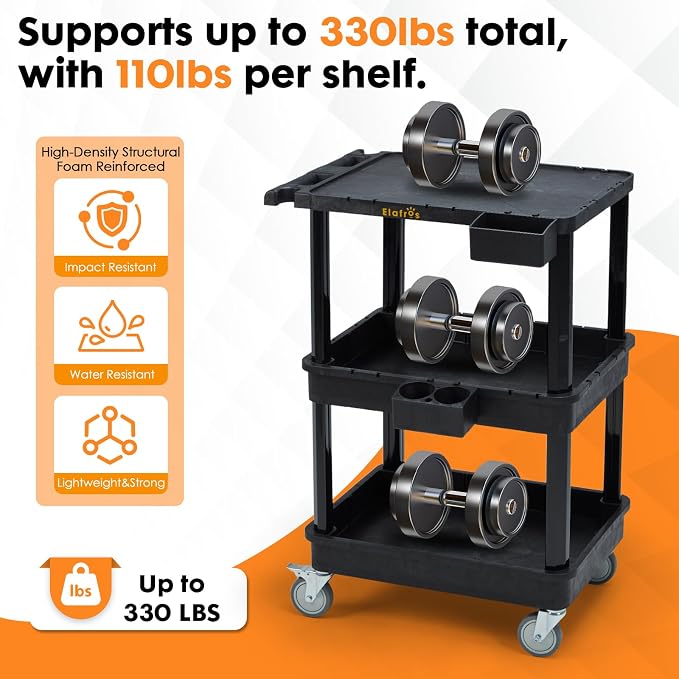 3-Tier Flat Top & Deep Tub Rolling Utility Cart, 27.5 x 18.25 in (Pack of 2)