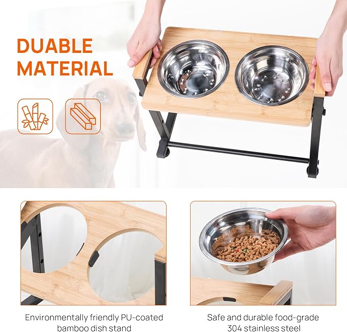 Adjustable Height Pet Feeder Stand with 2 Dishwasher-Safe Stainless Steel Bowls – Brown Wood Top & Black Metal Frame Elevated Food/Water Station for Dogs/Cats Under 100LBS