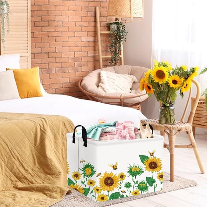 FXOLCSHE Rectangular Sunflower basket,Waterproof Canvas kids Laundry Nursery Hamper,Storage Baskets for Bedroom,Yellow Hamper,Gift Basketsr(Sunflower)