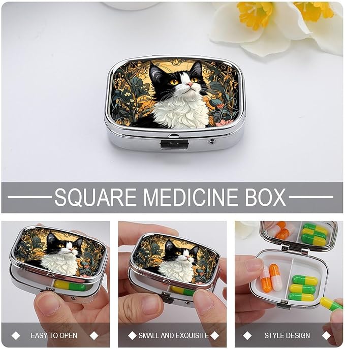 Cat Durable Metal Pill Case for Daily Use, 2 Slot Medicine Box Organizer,Leak Proof Travel Pill Container for Vitamins, Compact Pocket Medicine Holder for Seniors,Holiday Gift