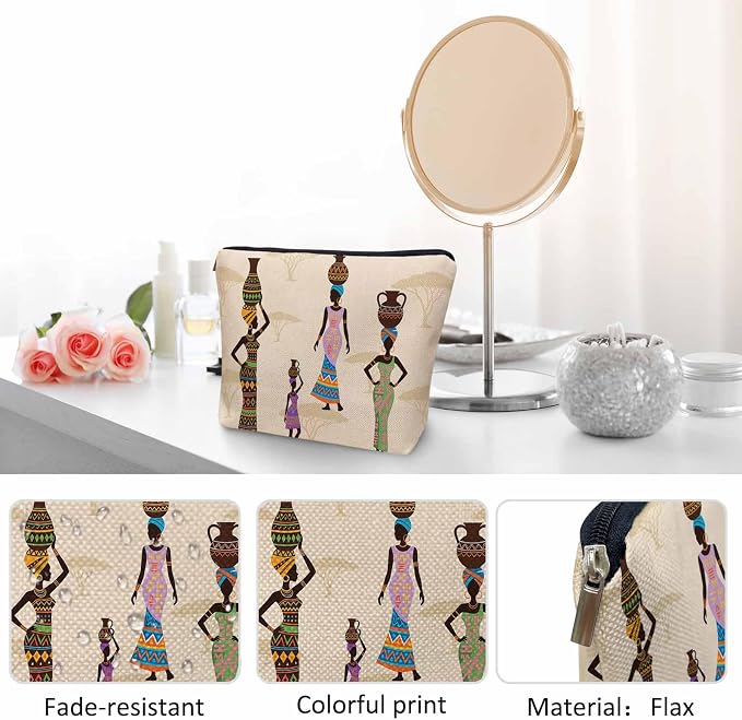 African Woman Makeup Bags Makeup Organizer, Black African Women With Vases Flax Toiletry Bags Travel Cosmetic Bag Makeup Purse Pouch Skincare Bag Wallet Bags For Women Female Mom Daughter