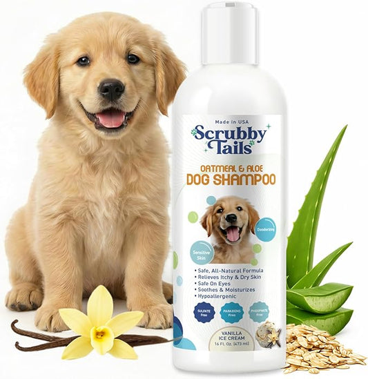 Organic Dog Shampoo - Puppy Oatmeal Shampoo for Itchy Skin Relief - Hypoallergenic for Sensitive Skin, for Dogs of All Ages, Deodorizes, Tearless, Made in USA, 16oz (Vanilla Ice Cream)