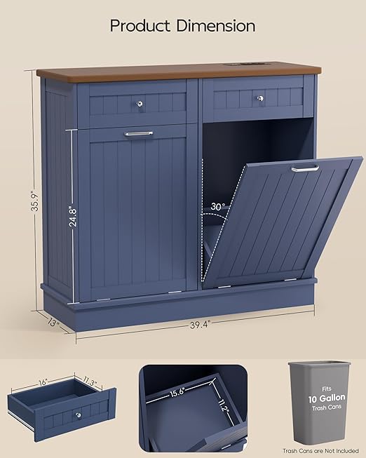 Betterhood Double Tilt Out Trash Cabinet with Power Outlet & USB, Hidden Garbage Can Holder with 2 Storage Drawers, Wooden Laundry Hamper for Kitchen, Bathroom, Living Room, Blue