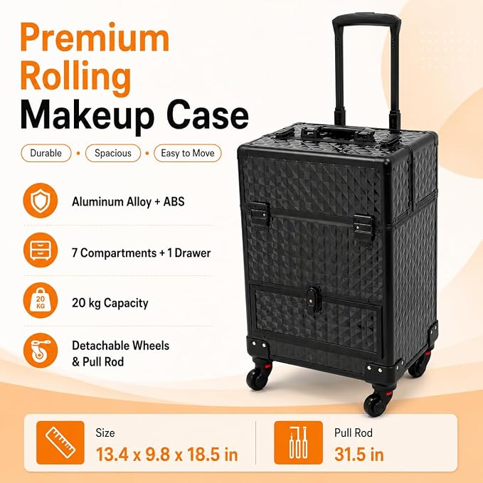 Rolling Makeup, 360°Rotaing Wheel Cosmetic Case Rolling | Portable Nail Makeup Storage Case, Cosmetic Organizer for Tattoo/Barber/Nail Tech Travel Cart Organizer , Black
