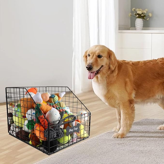 Large Dog Toy Basket,Pet Storage Box Toys Bin Metal Organizer Container Dogs Wire Rack Baskets Food Bins for Living Room Boxes Outdoor Plastic Supplies Organizers Puppy Cat Black Cabinet Chest.