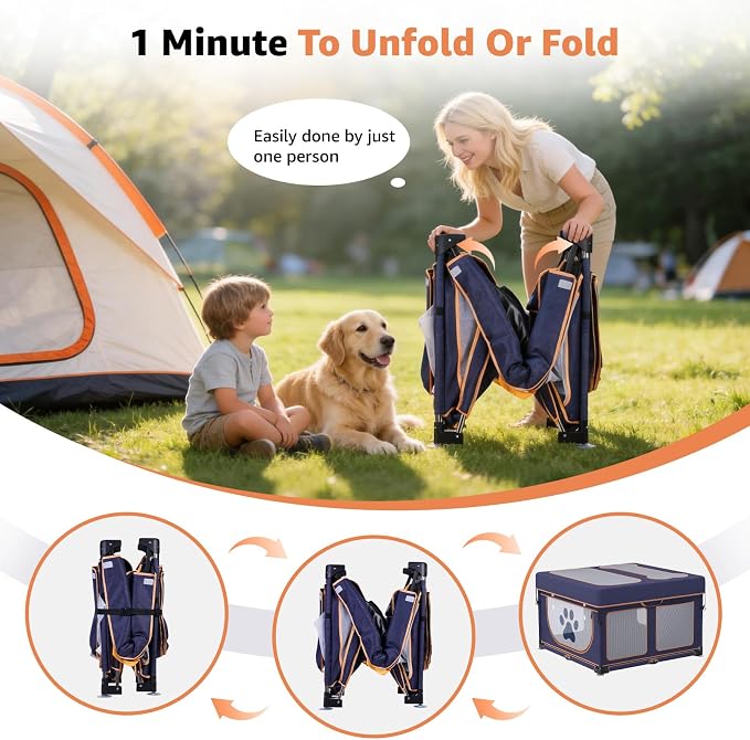 LOOBANI Foldable Dog Playpen Outdoor, 1 Min Setup, 43.3"x43.3"x27.1" | Pet Puppy Playpen Indoor With Cover,Waterproof Bottom & Bag, Portable Dog Fence For Yard, RV Camping,Travel,Blue+Yellow