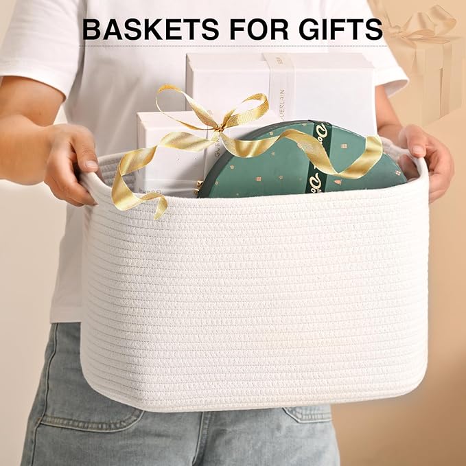 ICERZCZ Woven Cotton Rope Baskets for Gifts Empty, 15×11×9.5 Off White | Storage Baskets for Organizing, Cute Decorative Basket, Organizer Bins for Dog Toy, Baby Laundry, Gift, Nursery