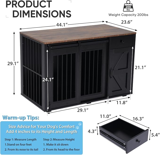 Verano Garden 44" Dog Crate Furniture, Dog Kennel (44" Right Facing Door) | 2-in-1, Lockable, Sliding Door, Removable Divider, Adjustable Shelf, Farmhouse, Heavy Duty, Small Medium Dogs, Black